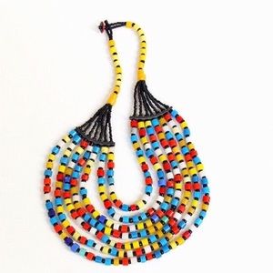Vintage Opaque Glass Drum Bead African Bib Necklace Multi Strand